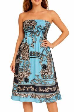 Caren Sport Blue Scroll Print Smocked Strapless Midi Dress Women’s Flexible Fit